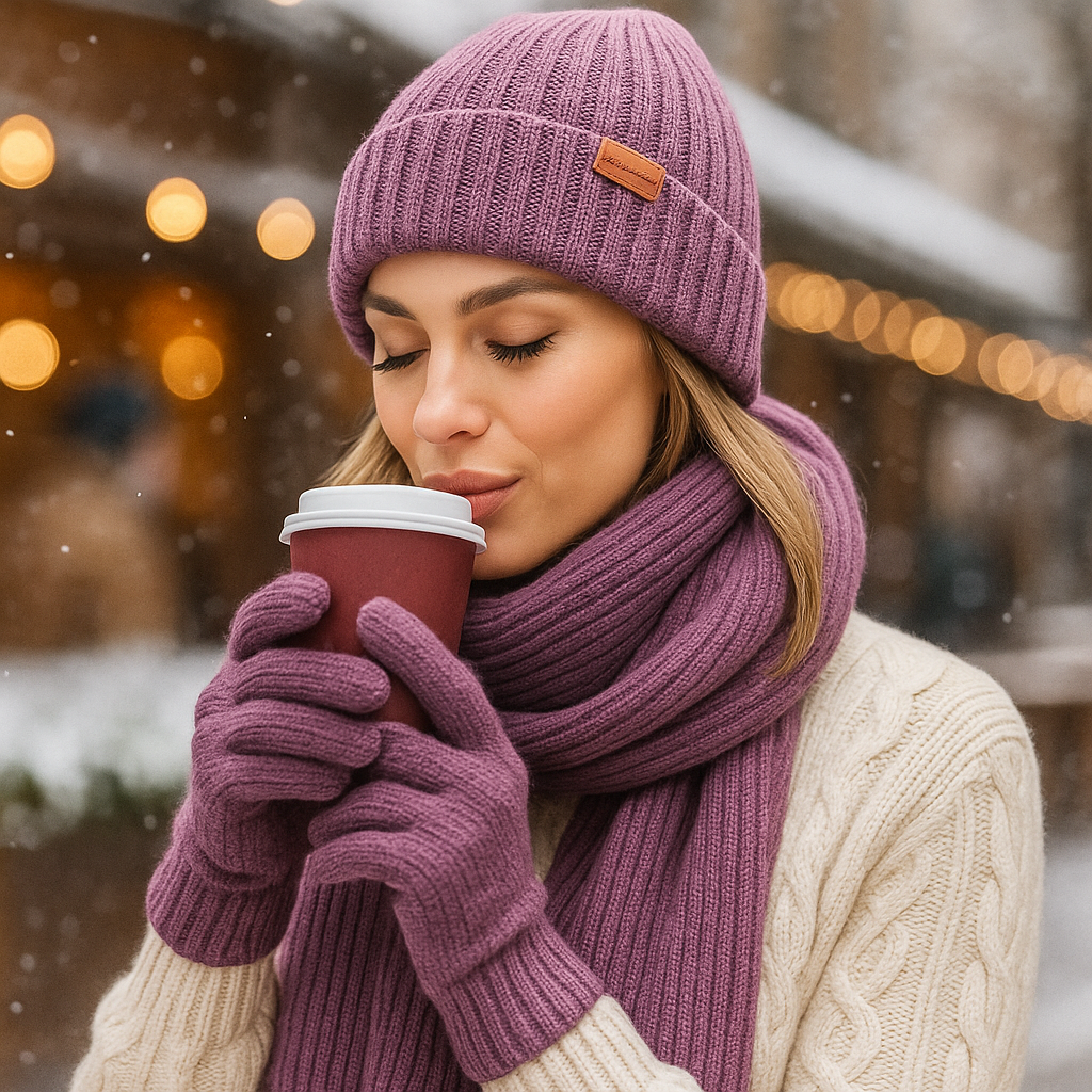 Woman wearing a purple knit hat, scarf, and gloves, holding a red cup outdoors during winter.