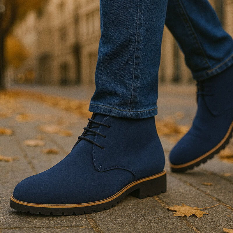 Blue boots with brown soles worn by a person on a pavement with blurred background