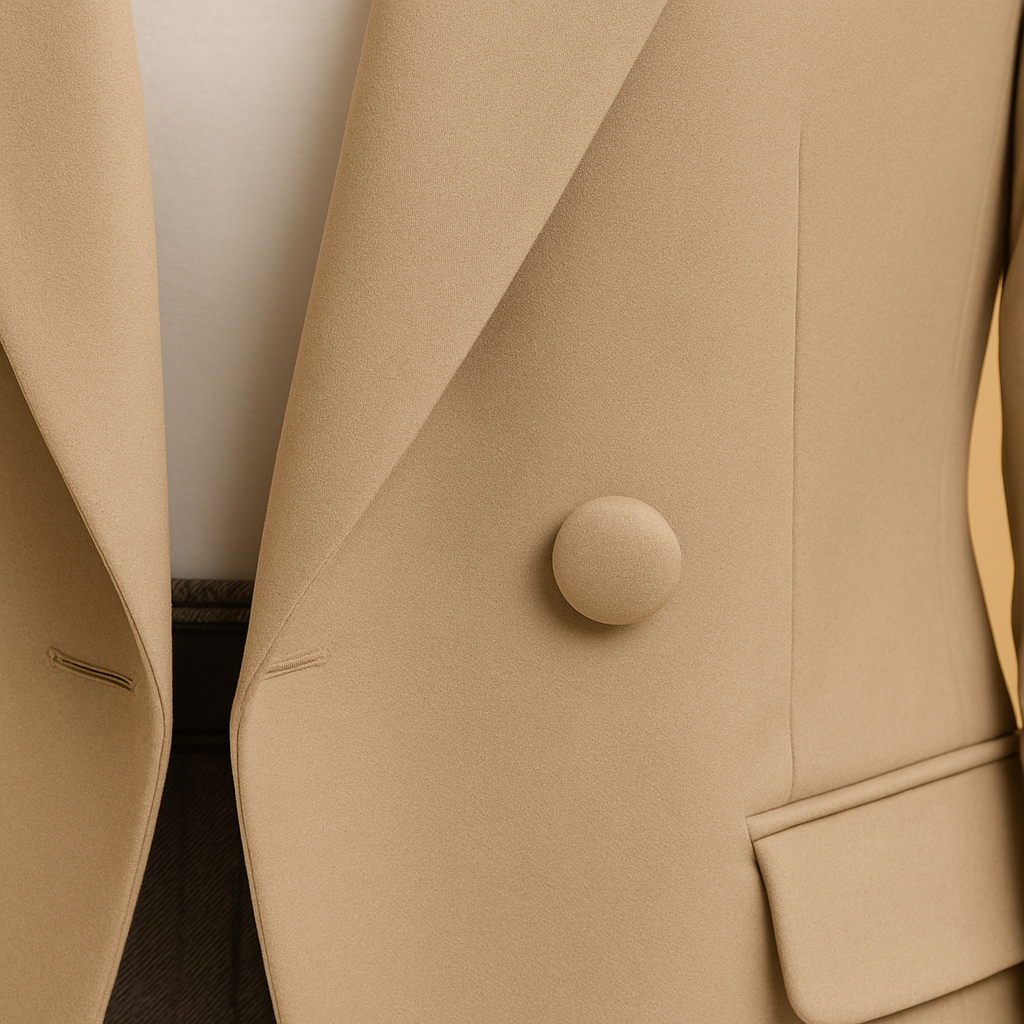 Close-up of a beige suit jacket with a button and pocket detail.