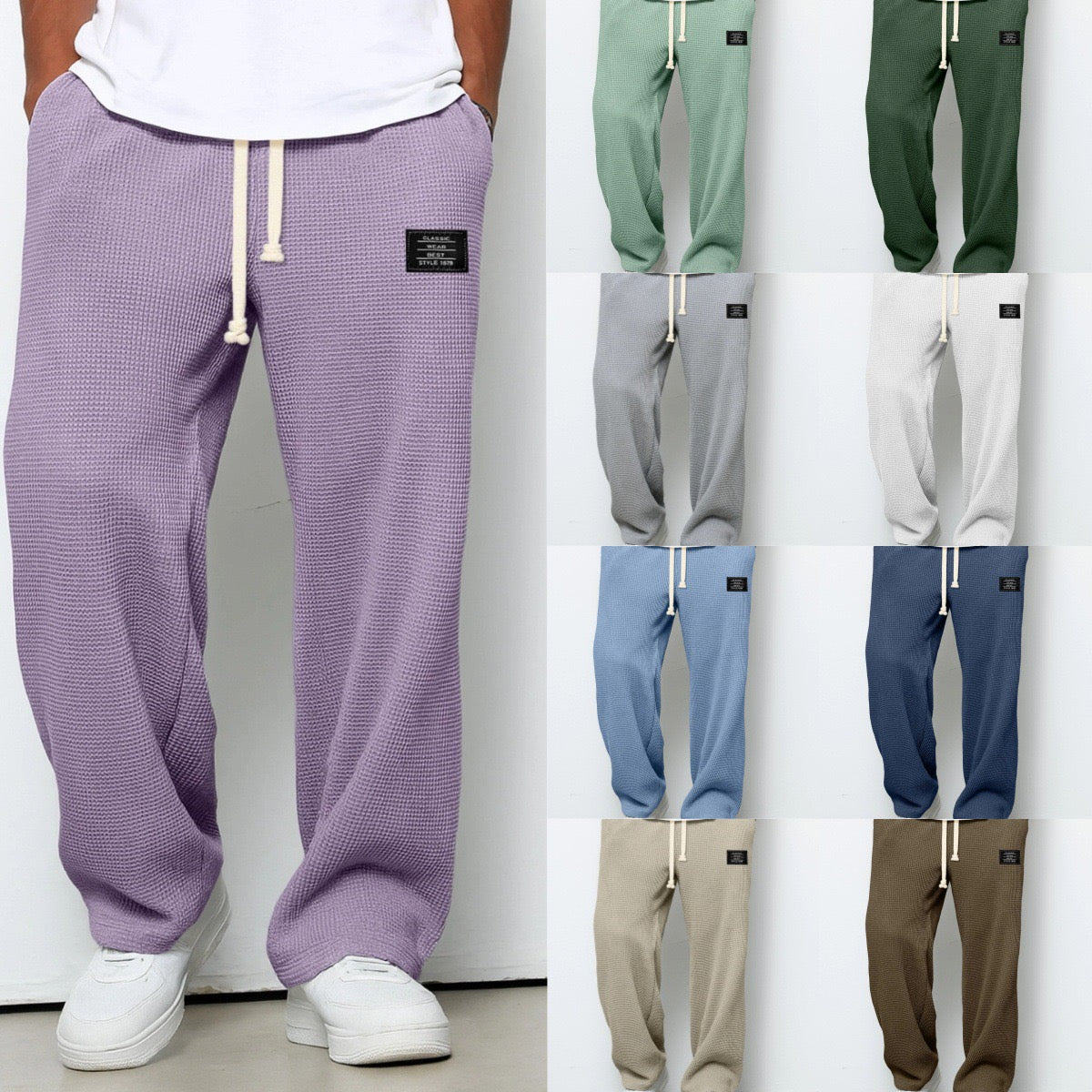 Purple sweatpants worn by a person with additional color options displayed on a white background.