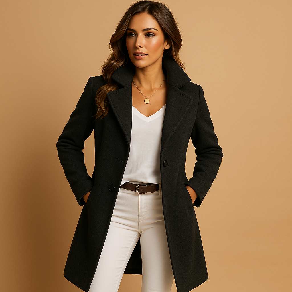 Woman wearing a black coat over a white top and pants on a beige background