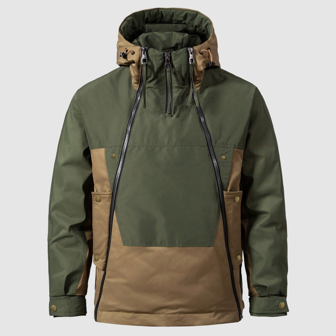 Green and brown jacket with a hood on a light gray background