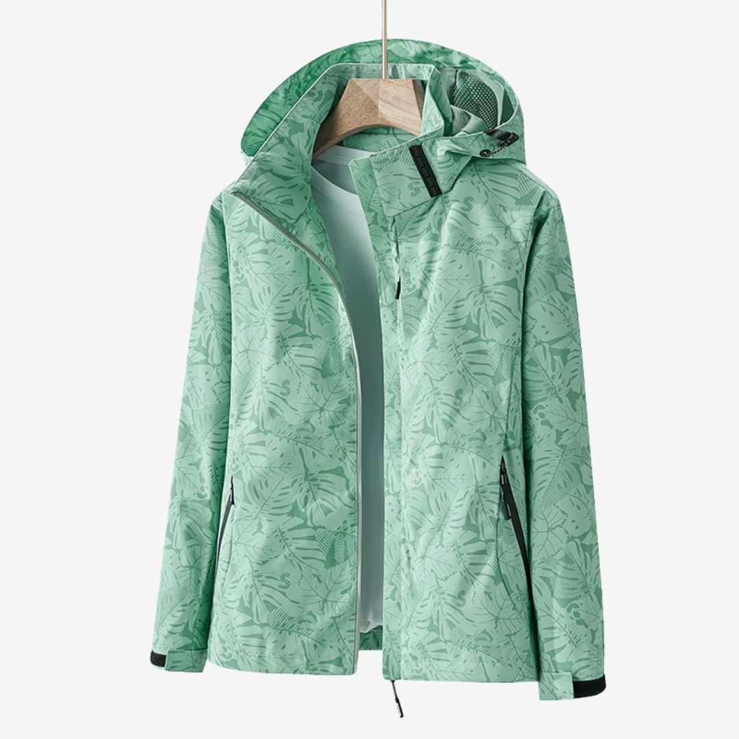 Green jacket with leaf pattern on a white background