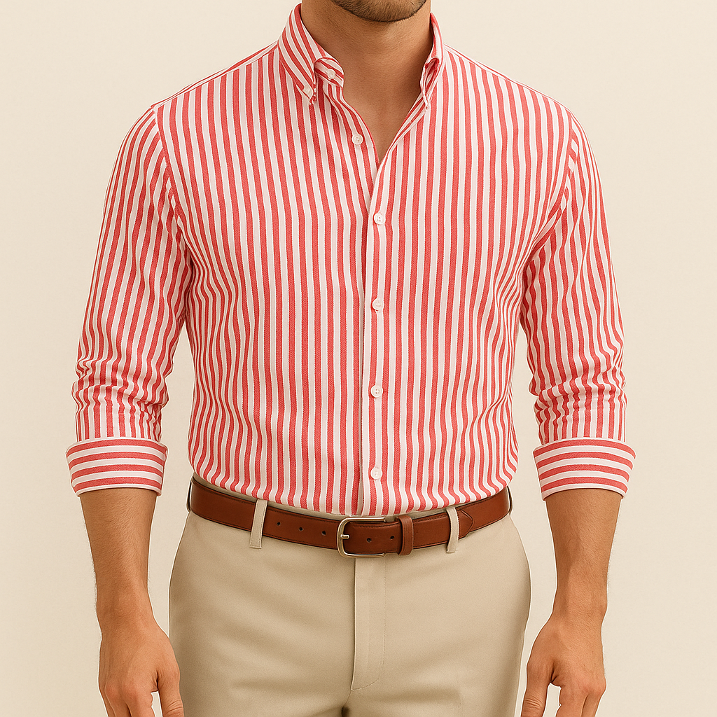 Red and white striped shirt worn by a person on a beige background