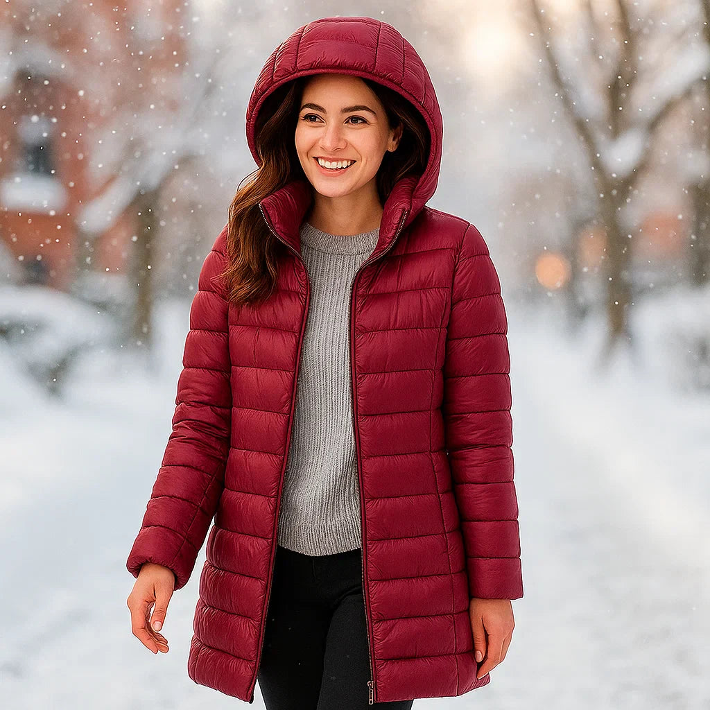 Woman wearing a red puffer coat in a snowy outdoor setting