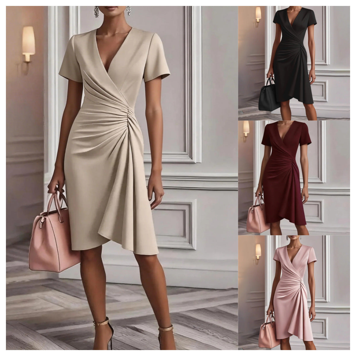 Damska Letnia Sukienka Midi z Dekoltem V i Drapowaniem Krótki Rękaw