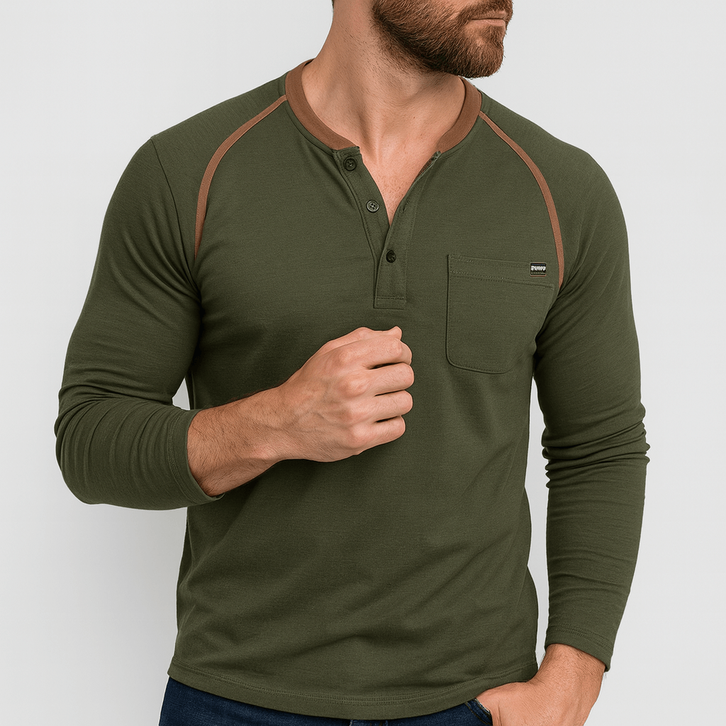 Man wearing a green long-sleeve shirt with brown accents on a white background