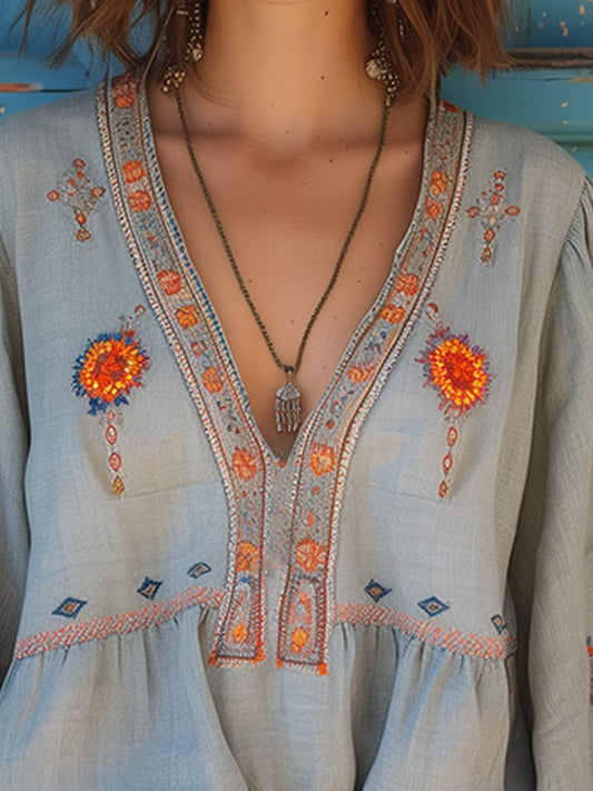 Damska Letnia Bluzka Boho Haftowana Luźna Casual