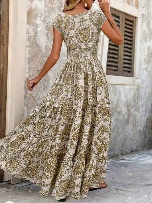Damska Letnia Boho Kwiatowa V-Neck Maxi Sukienka