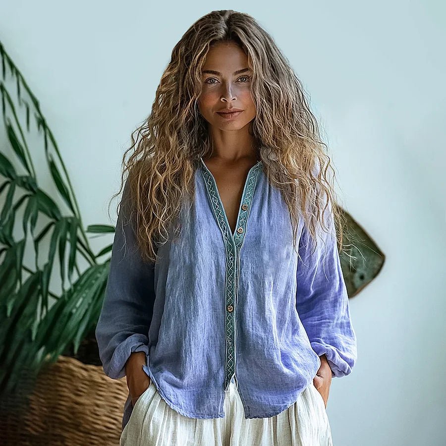 Damska Letnia Boho Lniana Długi Rękaw Koszula