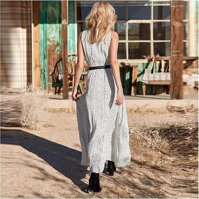 Damska Letnia Boho V-Neck Bez Rękawów Maxi Sukienka