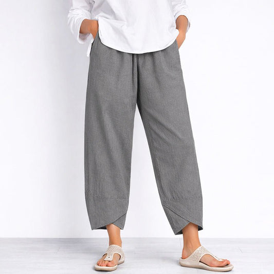 Damska Letnia Lniana Luźna Skrócona Casual Kieszeń Spodnie