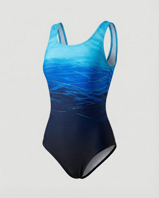 Blue and black swimsuit with gradient design on a gray background