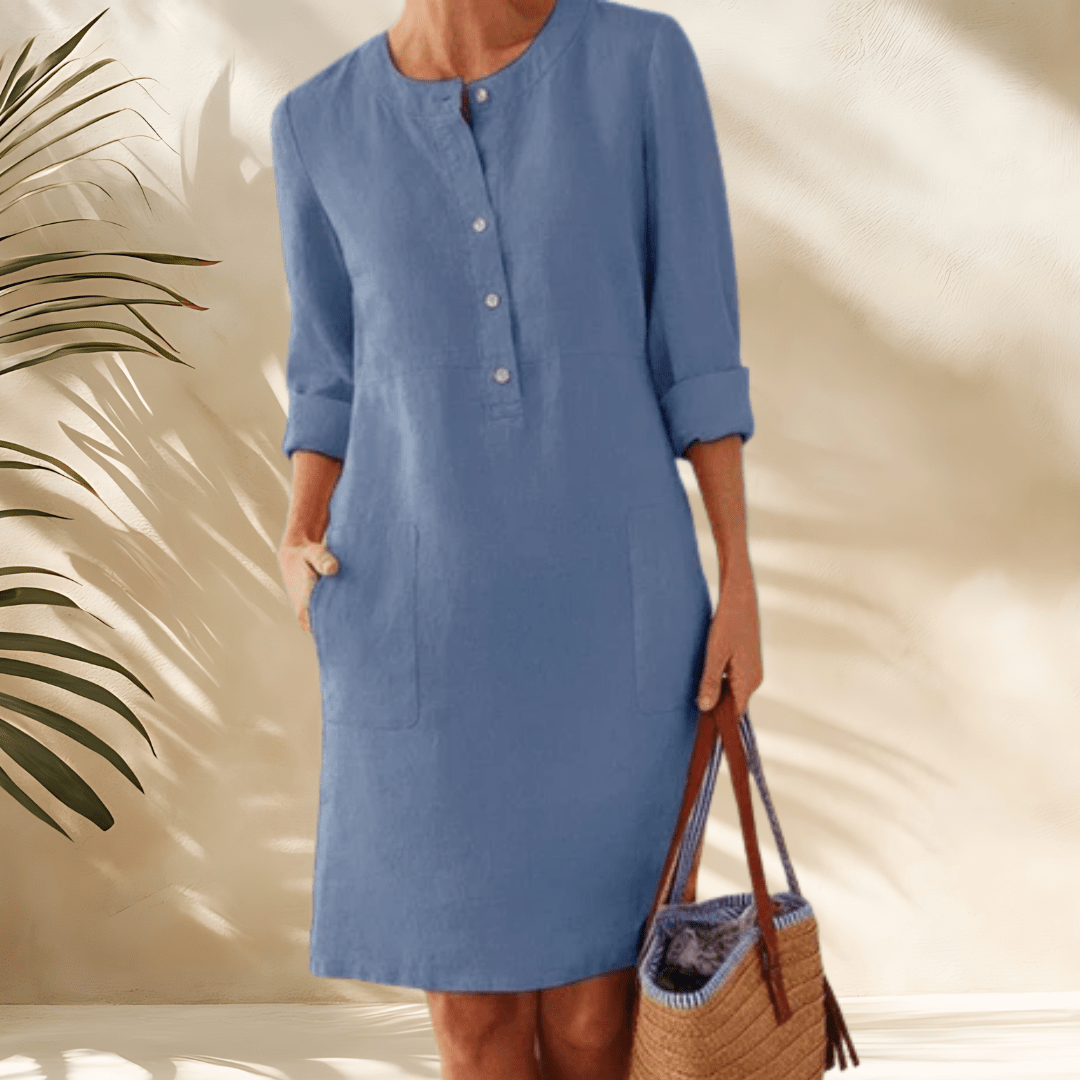 Damska Letnia Sukienka Tunika z Dekoltem Henley i Kieszeniami