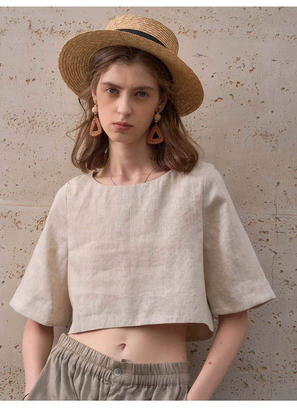 Damski Boxy Lniany Krótki Minimalistyczny Top
