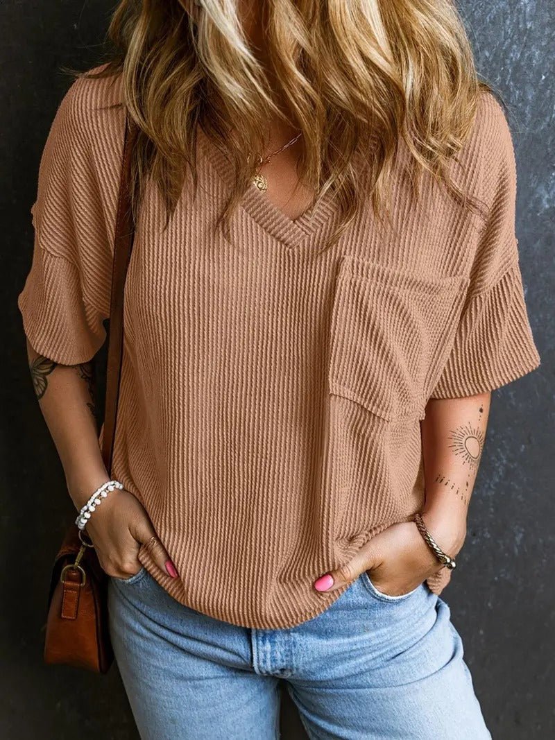 Damski Letni Casual Dekolt V Kieszeń T-Shirty