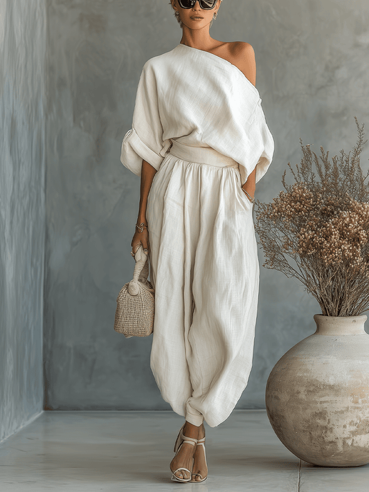 Damski Lniany Jedno Ramię Luźny Minimalistyczny Set Kombinezon