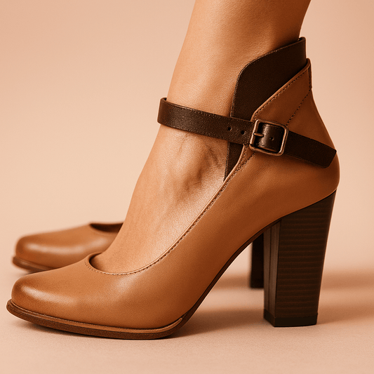 Brown high-heeled shoes with a strap and buckle on a beige background