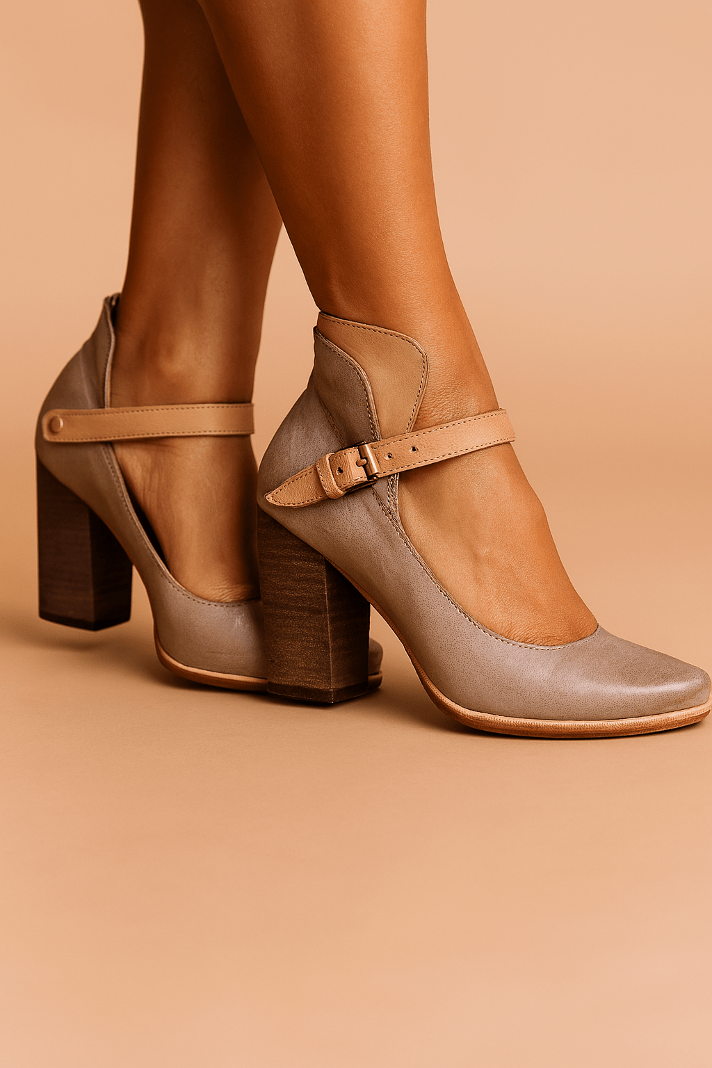 Pair of brown high-heeled shoes with a strap on a beige background