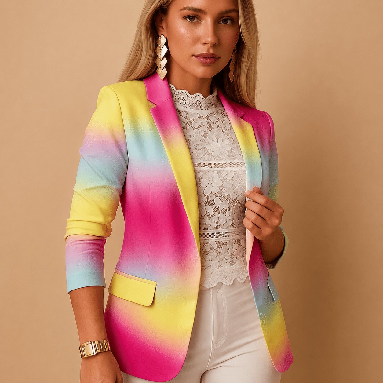 Woman wearing a colorful blazer with a beige background