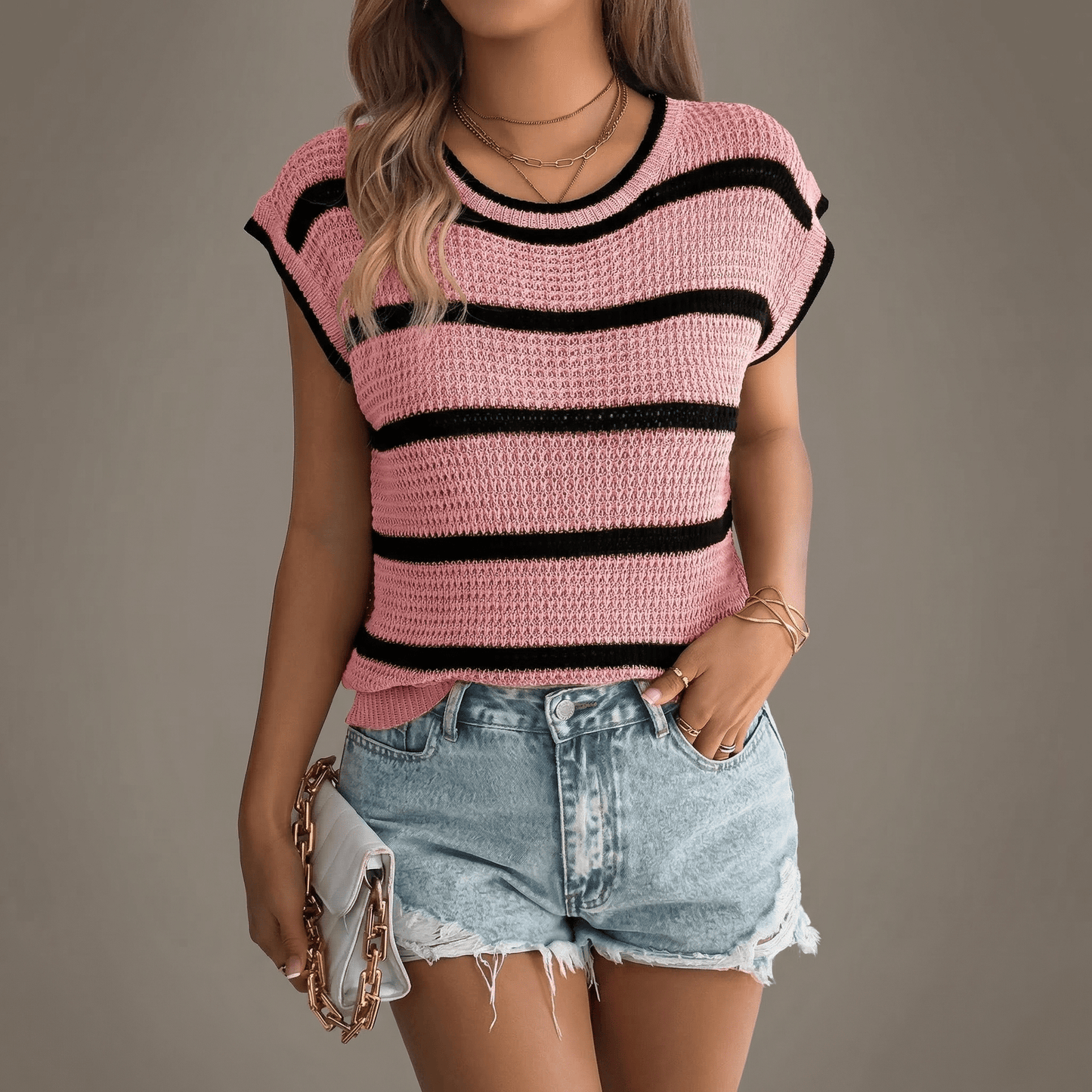 Damskie Letnie Casual Paski Dzianinowy Top