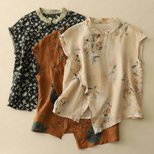 Damskie Letnie Kwiatowy Len Guziki Casual Top