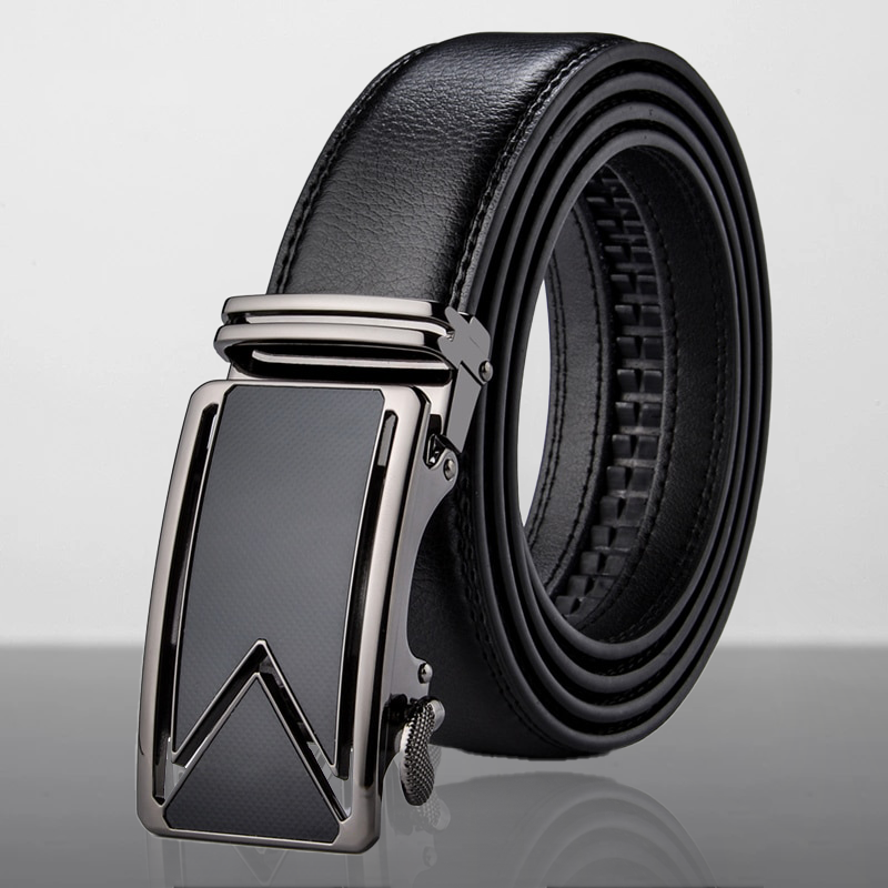 Black leather belt with a silver buckle on a reflective surface