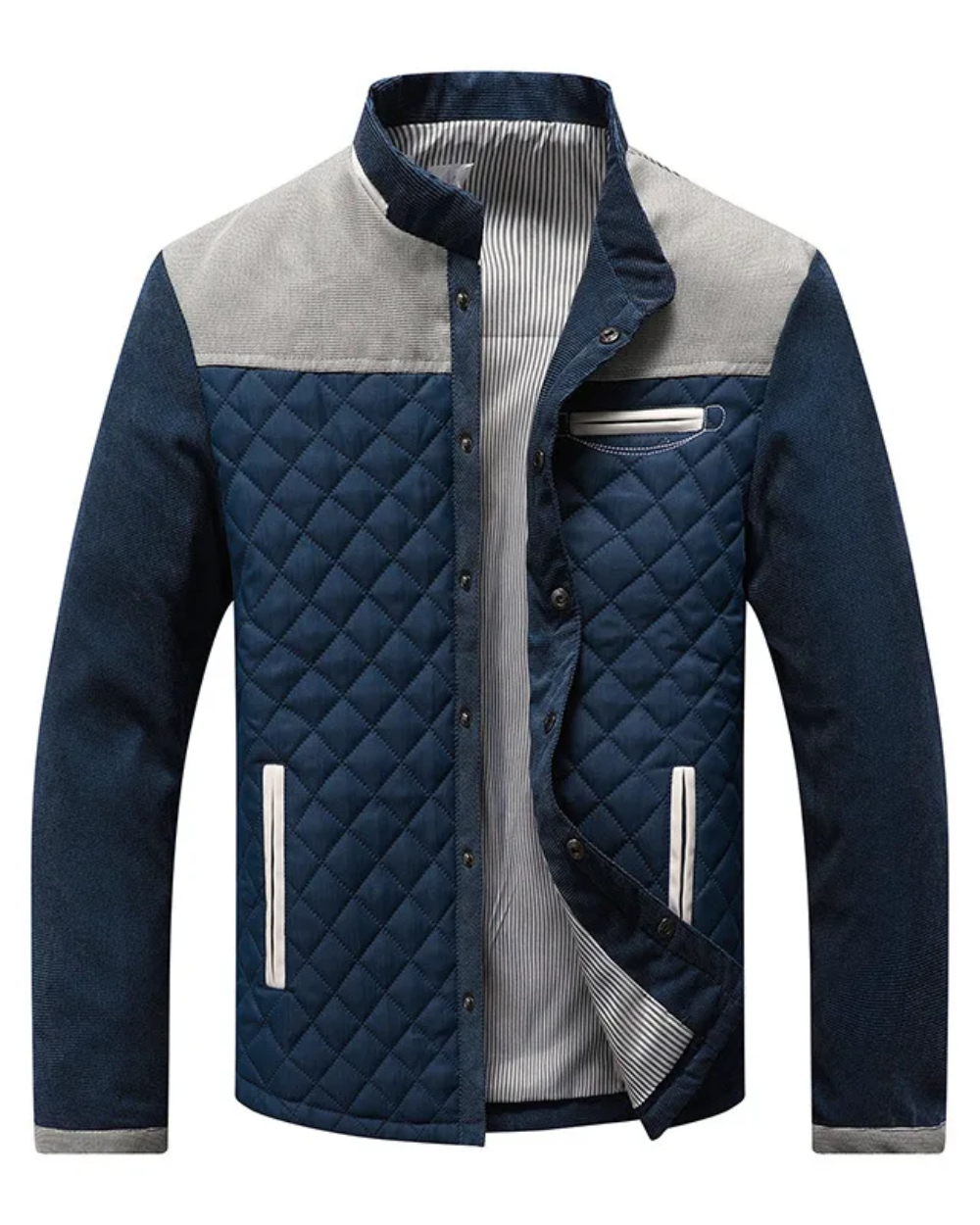 Navy blue and gray quilted jacket on a white background