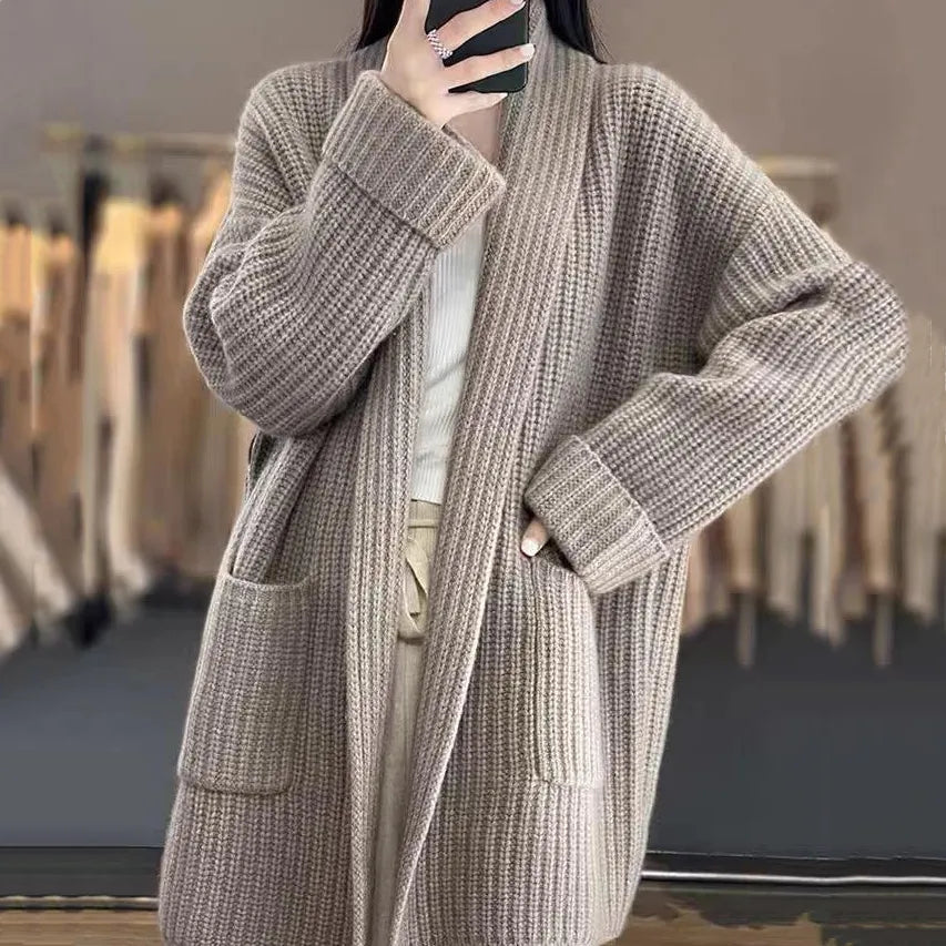 Zimowy Elegancki Sweter Dzianinowy z Kieszeniami (Damski)