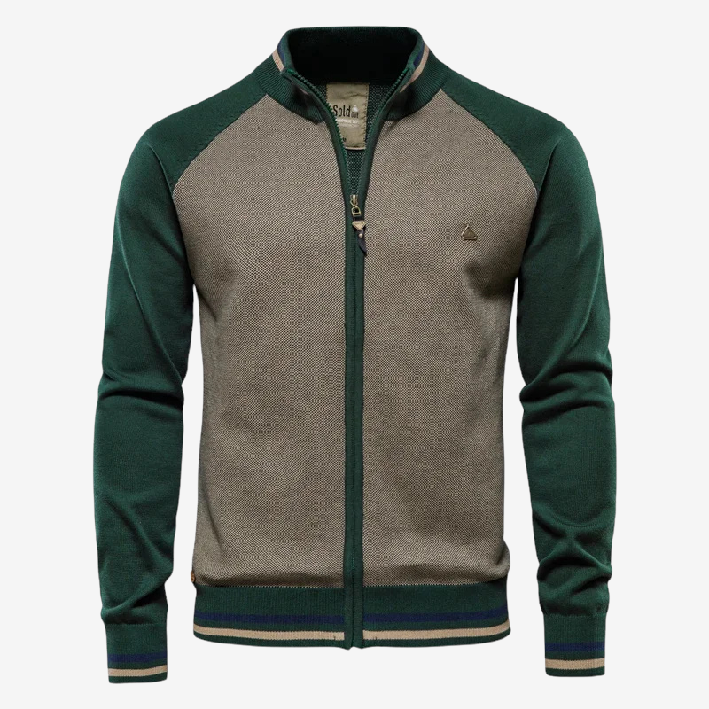 Green and brown zip-up sweatshirt on a white background