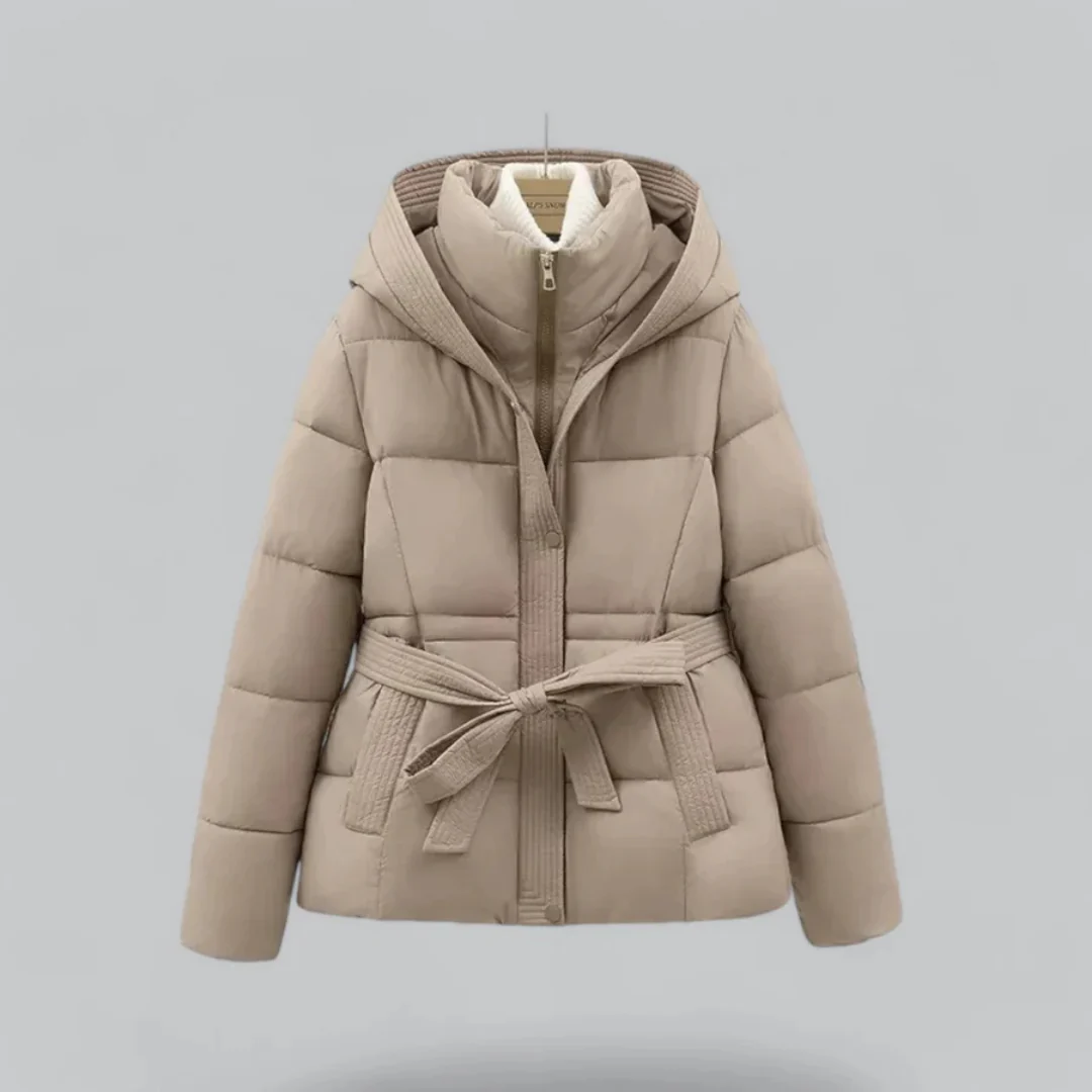 Beige puffer jacket with a belt on a light gray background