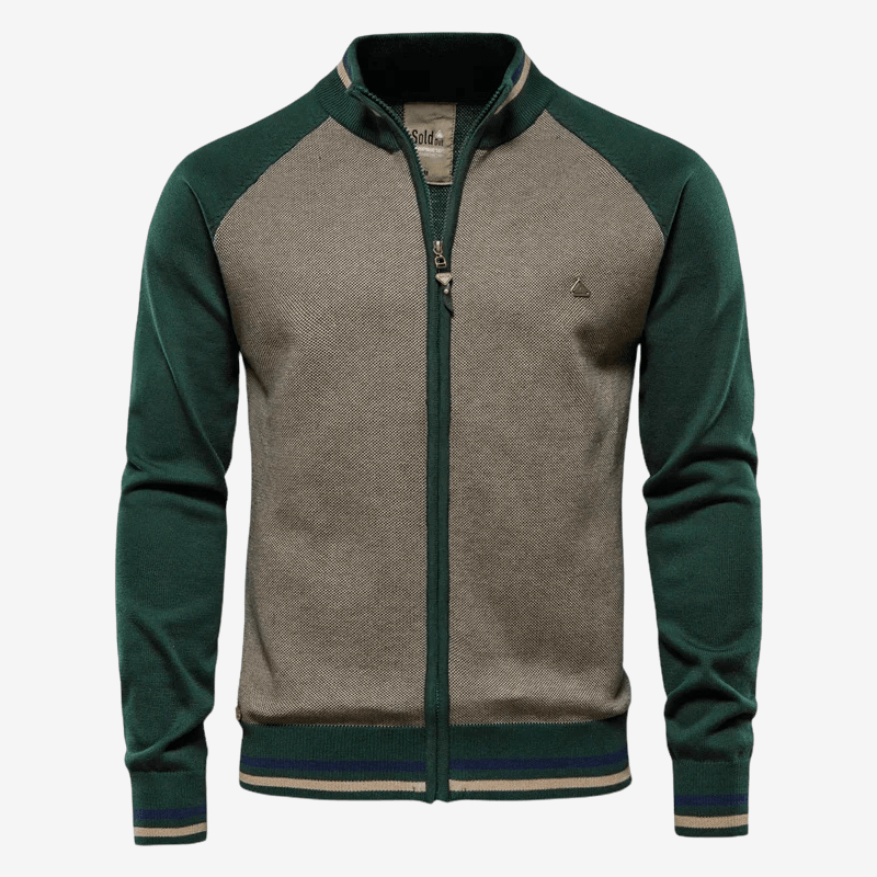 Green and brown zip-up sweatshirt on a white background