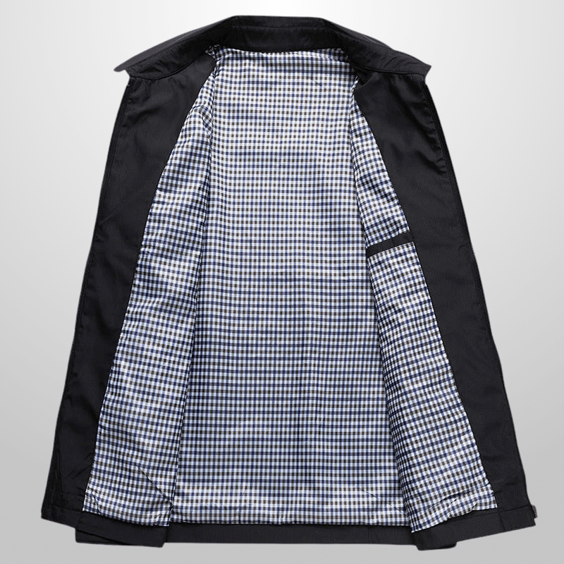 Black jacket with a checkered lining on a gray background