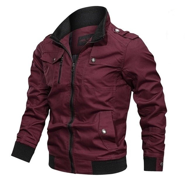 Maroon jacket with black accents on a white background