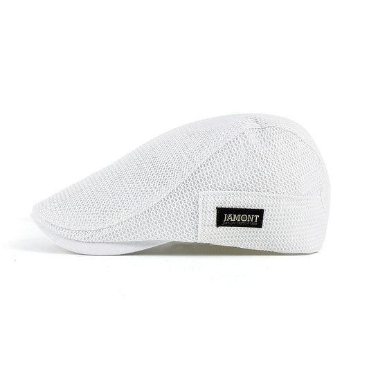 White cap with a brand label on a white background