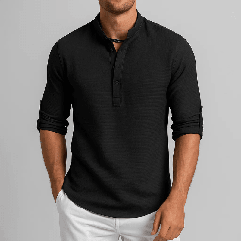 Męska Letnia Prążkowana Casual Guziki Henley Koszulka