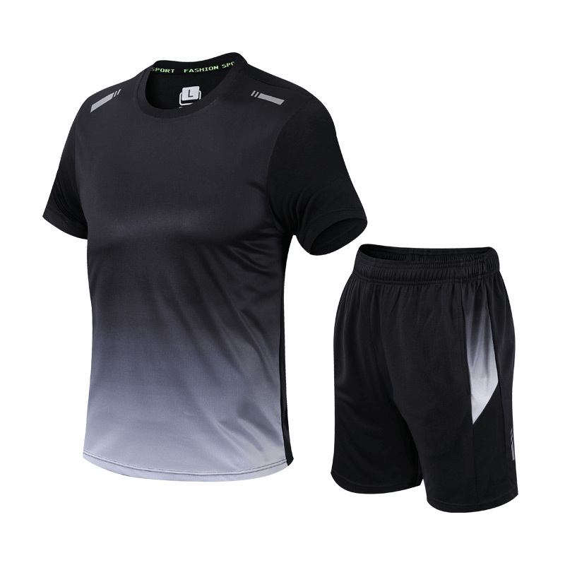 Black and gray gradient t-shirt with matching shorts on a white background