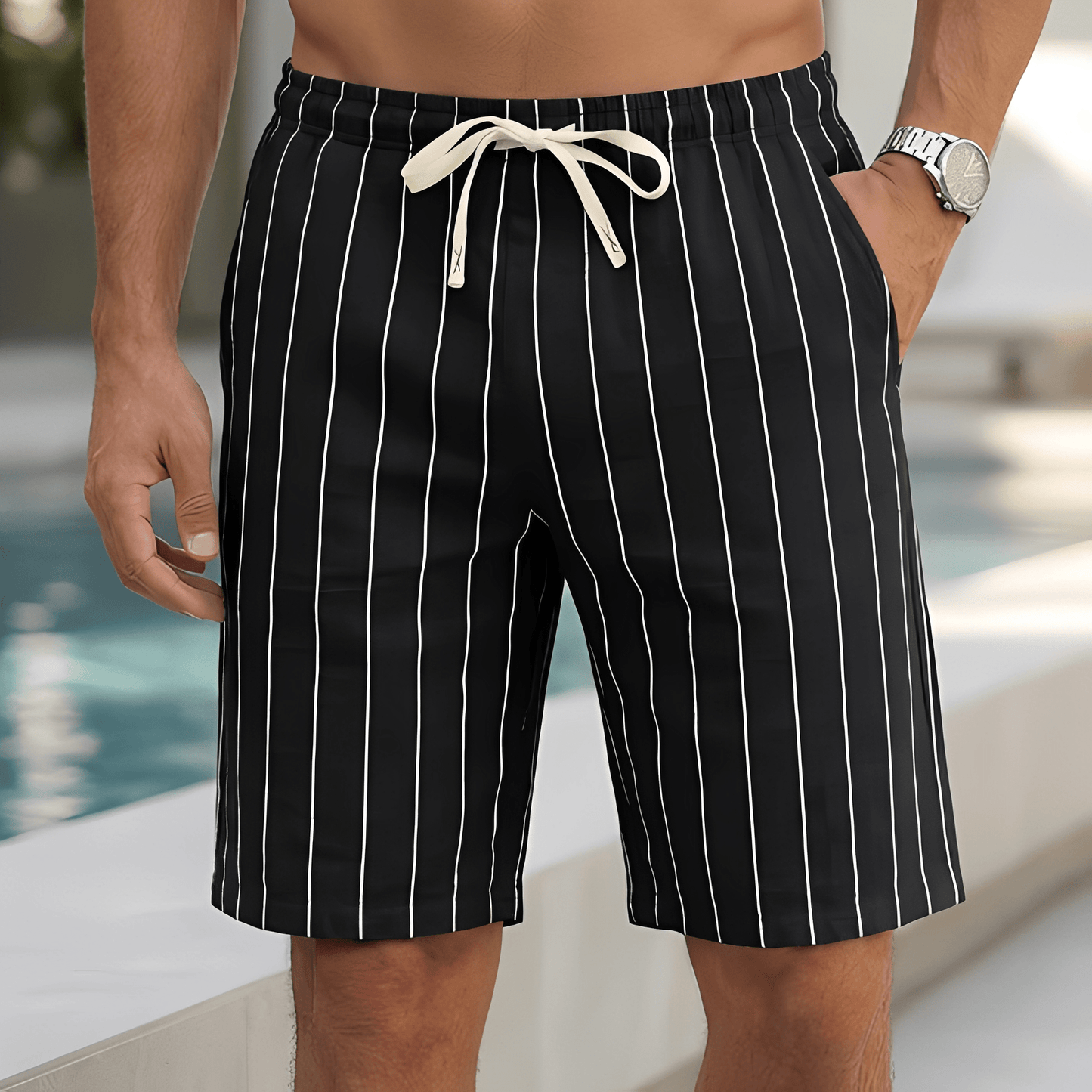 Męskie Letnie Paskowane Szorty ze Sznurkiem