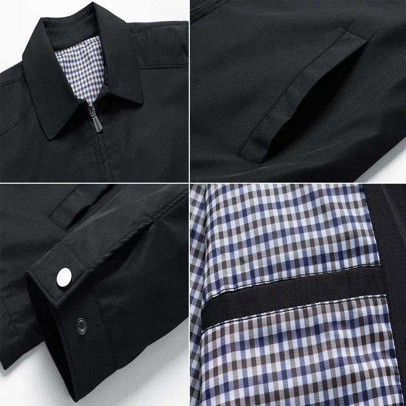 Collage of a black jacket with plaid lining and details.