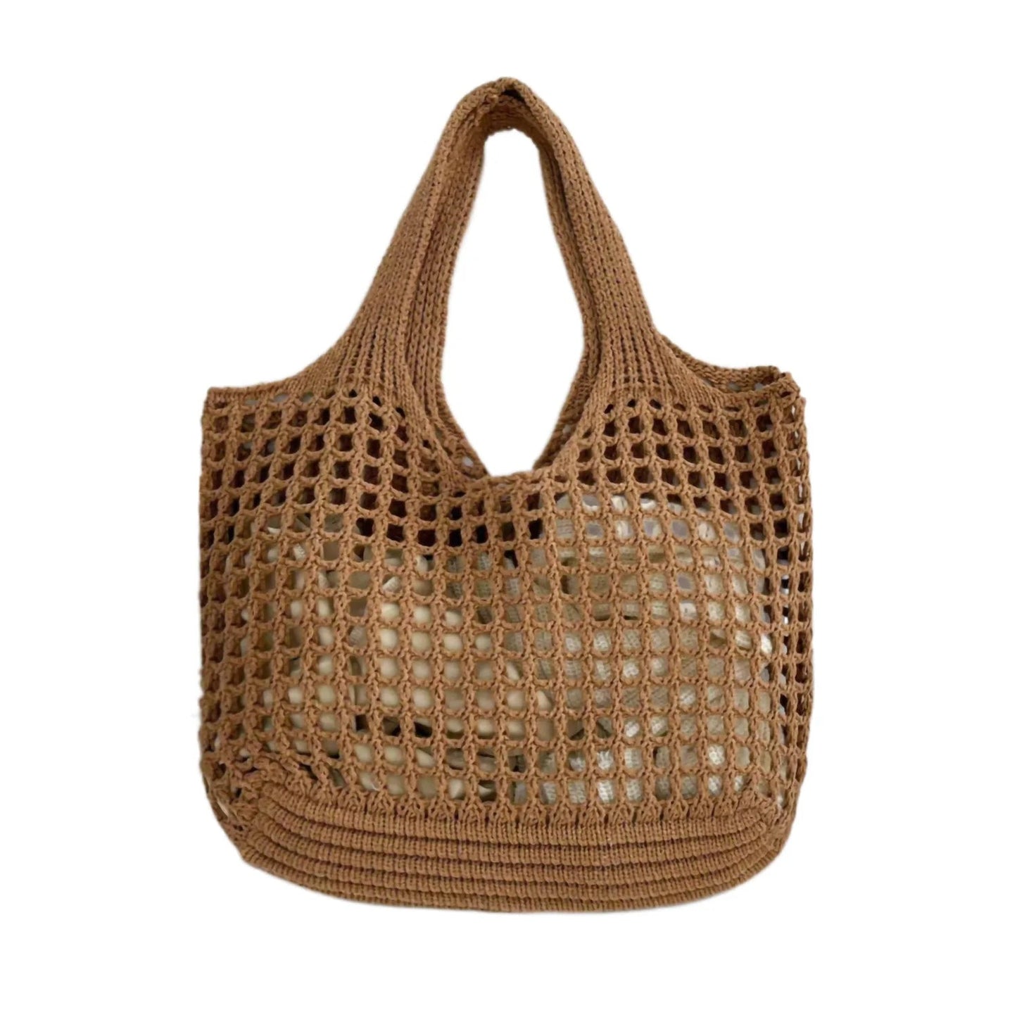 Brown woven handbag on a white background