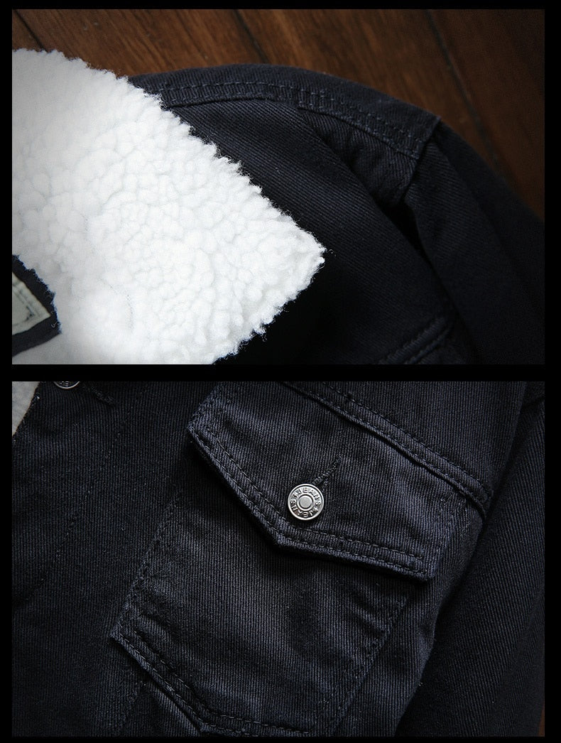 Close-up of a black jacket with white lining and a brand logo.