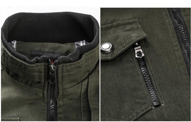 Close-up of a green jacket with zipper and button details