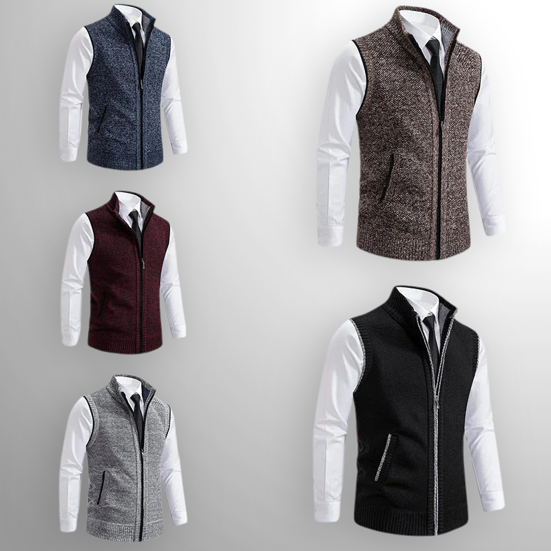 Five different vests worn over a white shirt on a gray background