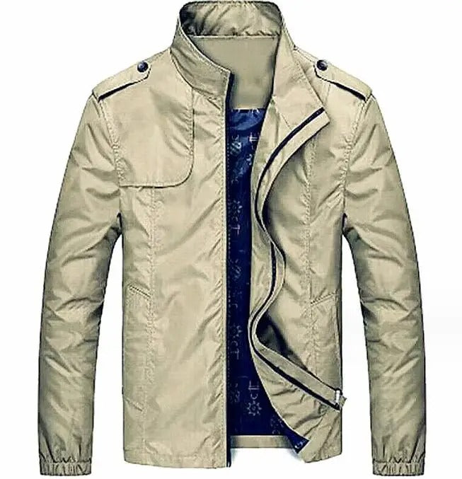 Beige jacket with a blue lining on a white background