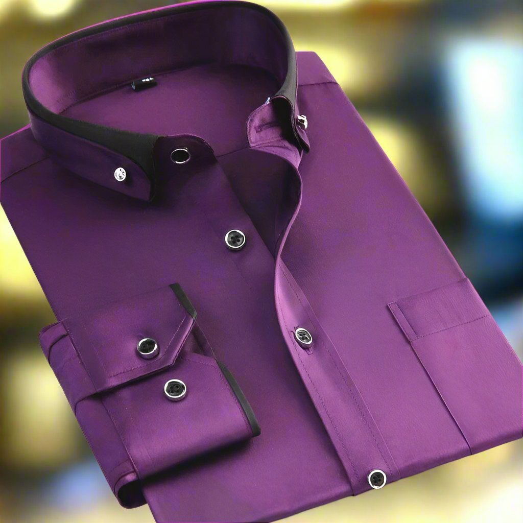 Purple dress shirt with black accents on a blurred background