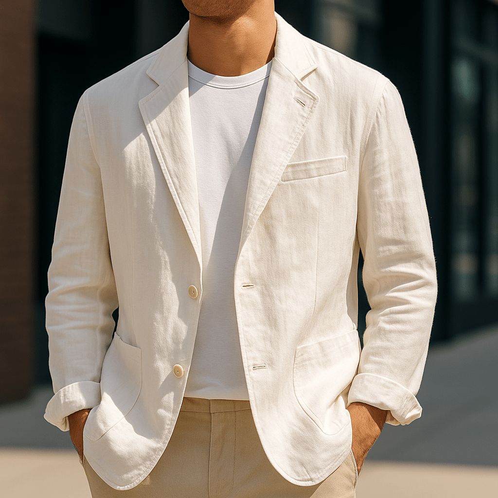 Person wearing a white linen blazer over a white shirt with beige pants.