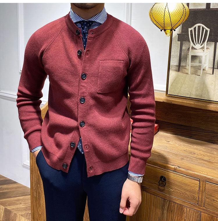 Zimowy Dopasowany Kardigan Dzianinowy z Okrągłym Dekoltem (Męski)