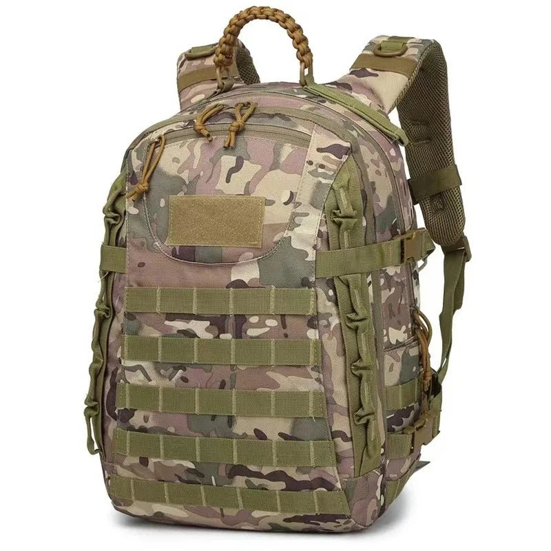 Camouflage backpack with green straps on a white background