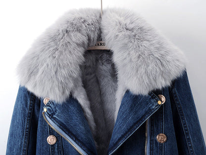 Blue denim jacket with gray fur collar on a white background