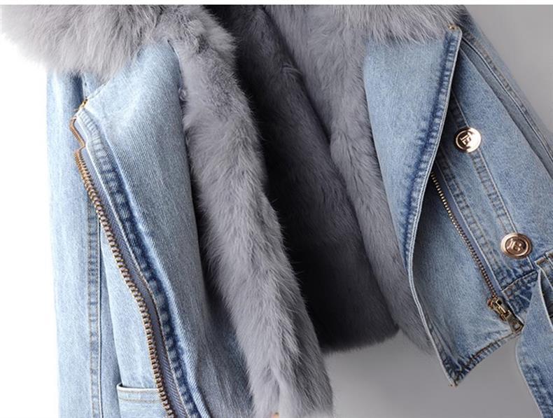 Denim jacket with fur lining and gold buttons on a neutral background